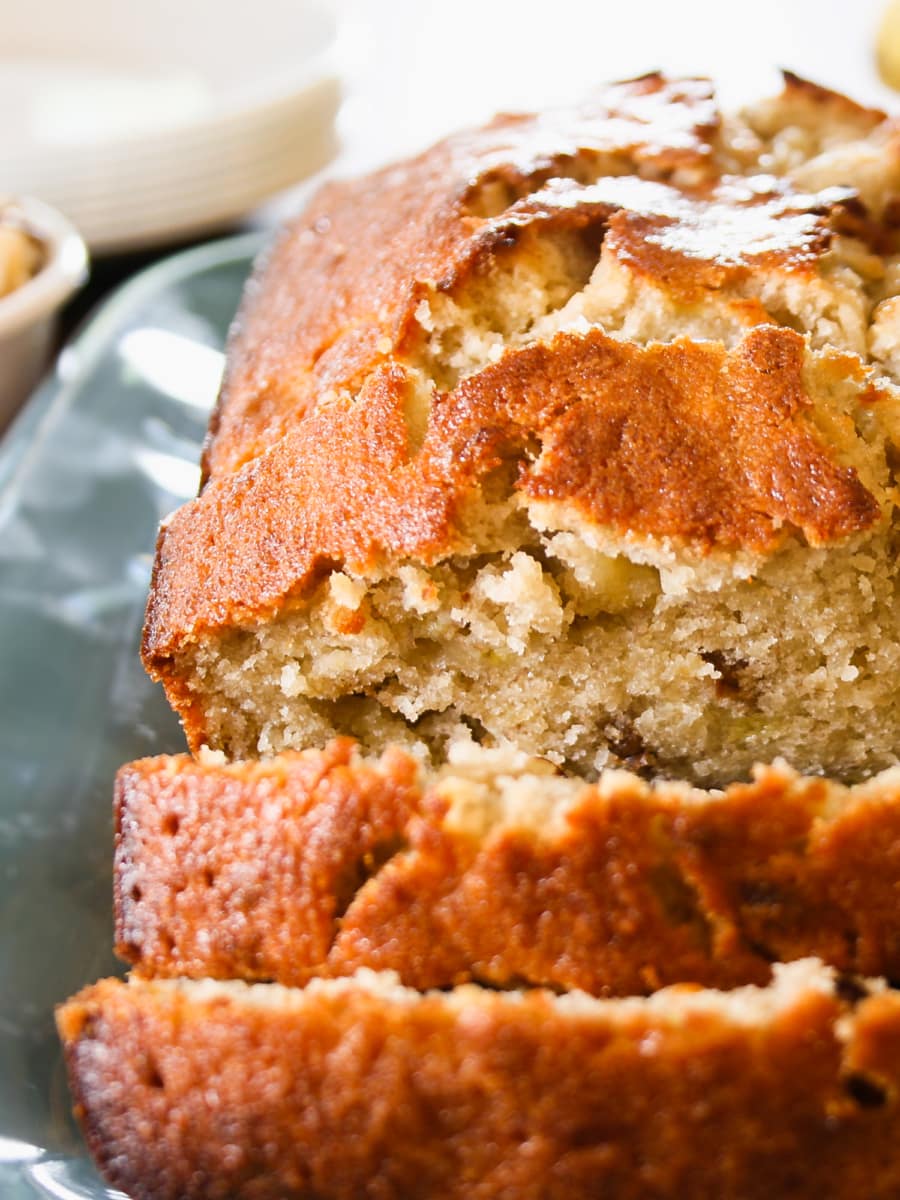 a large platter of homemade banana bread