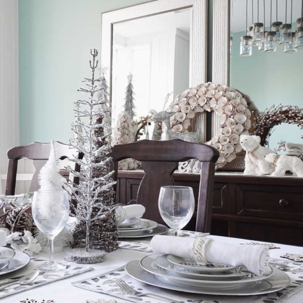 A breathtaking Christmas dining room designed in muted, calming, elegant colors. 