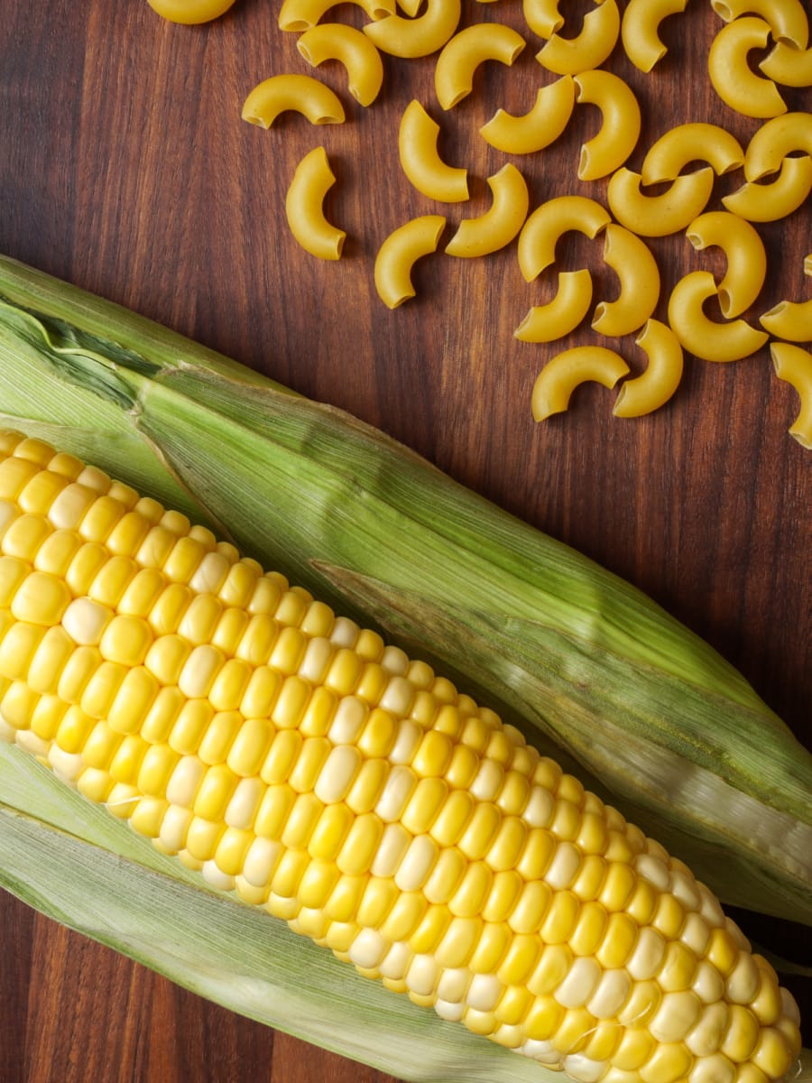 uncooked corn on the cob on a table with uncooked macaroni pasta