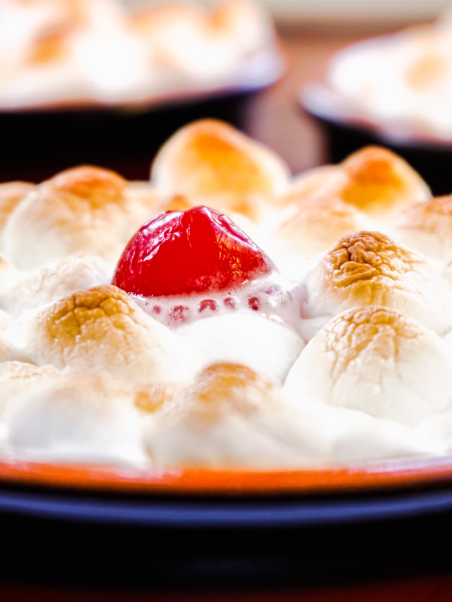 close up of a sweet potato casserole served in a ramekin