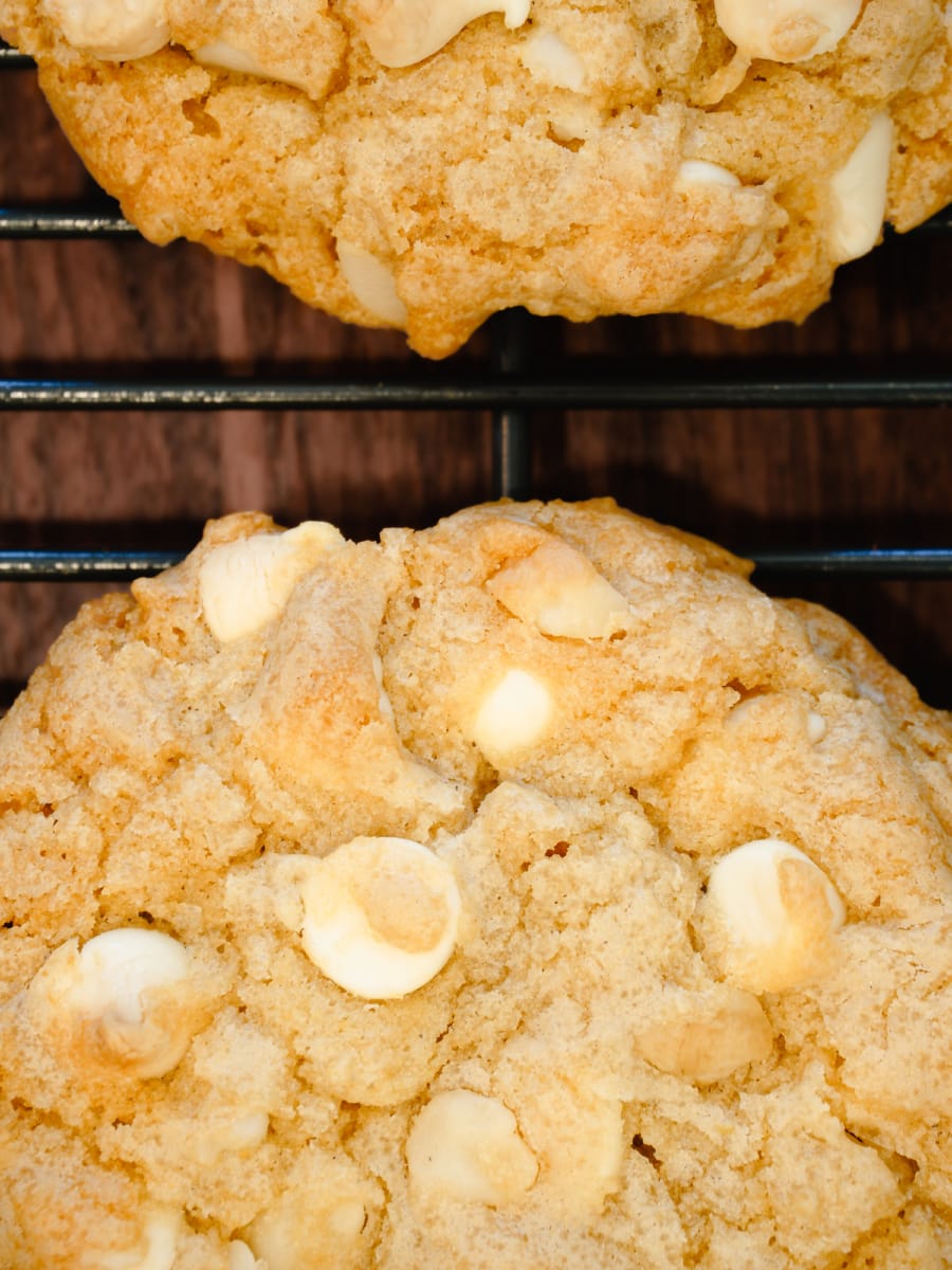 macadamia nut and white chocolate cookie recipe on a rack