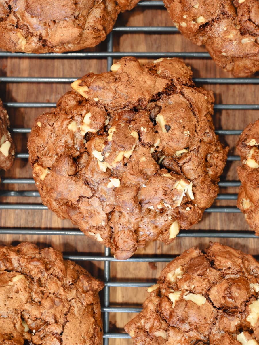 overhead shot of a rack of monster fudge nut cookies