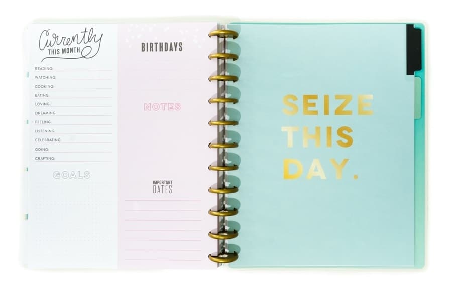 The Happy Planner opened to a month labeled Seize This Day