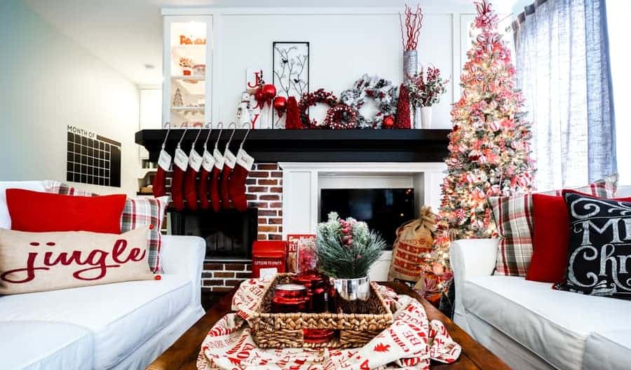 living room fully decorated with christmas decor