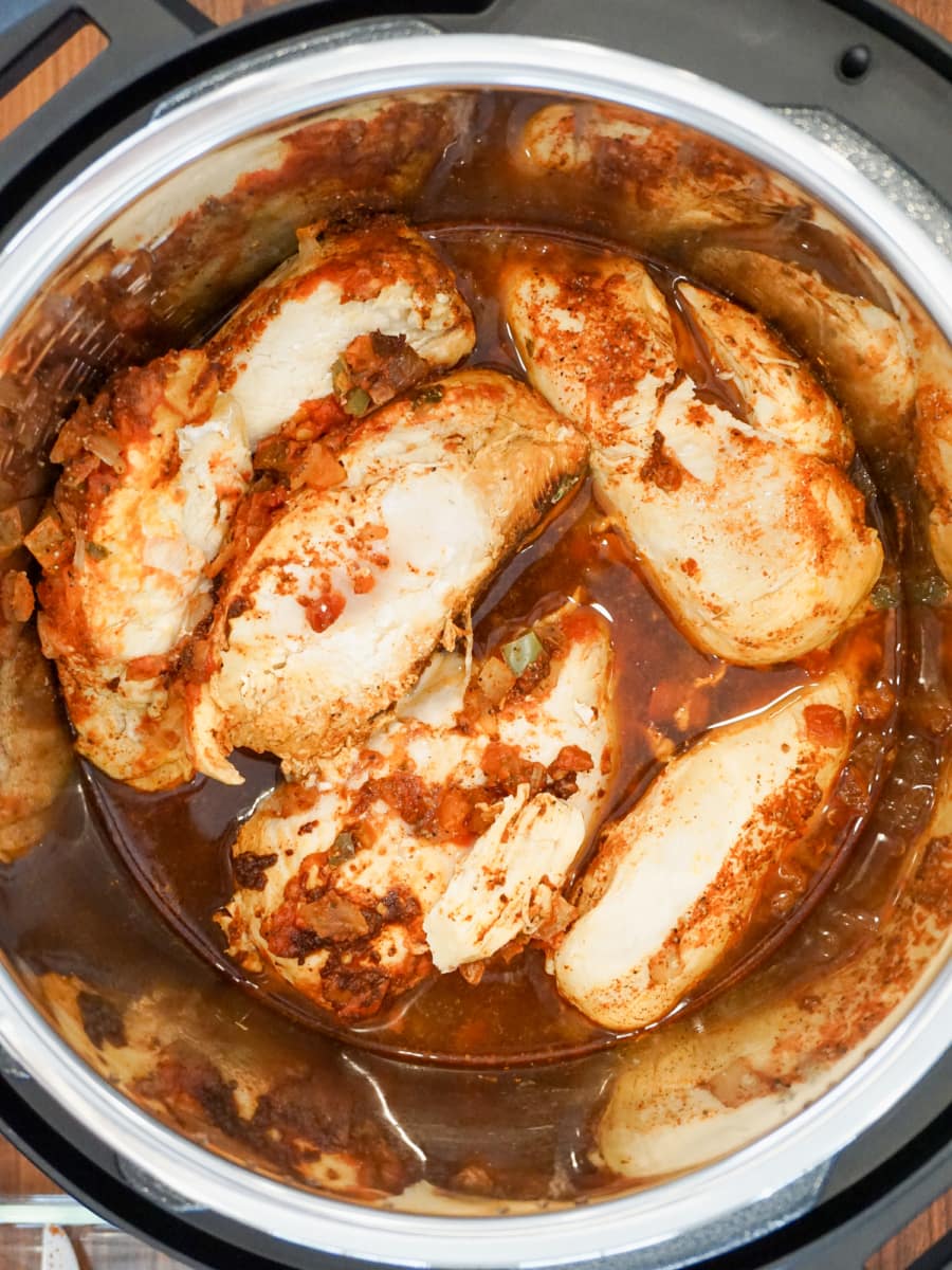 top view of salsa chicken in the instant pot