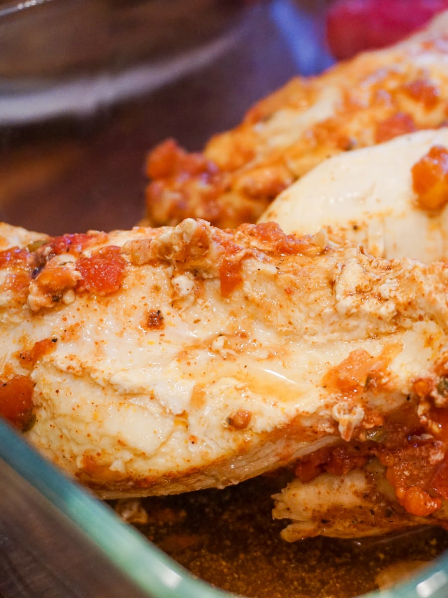 salsa chicken breasts in a glass dish