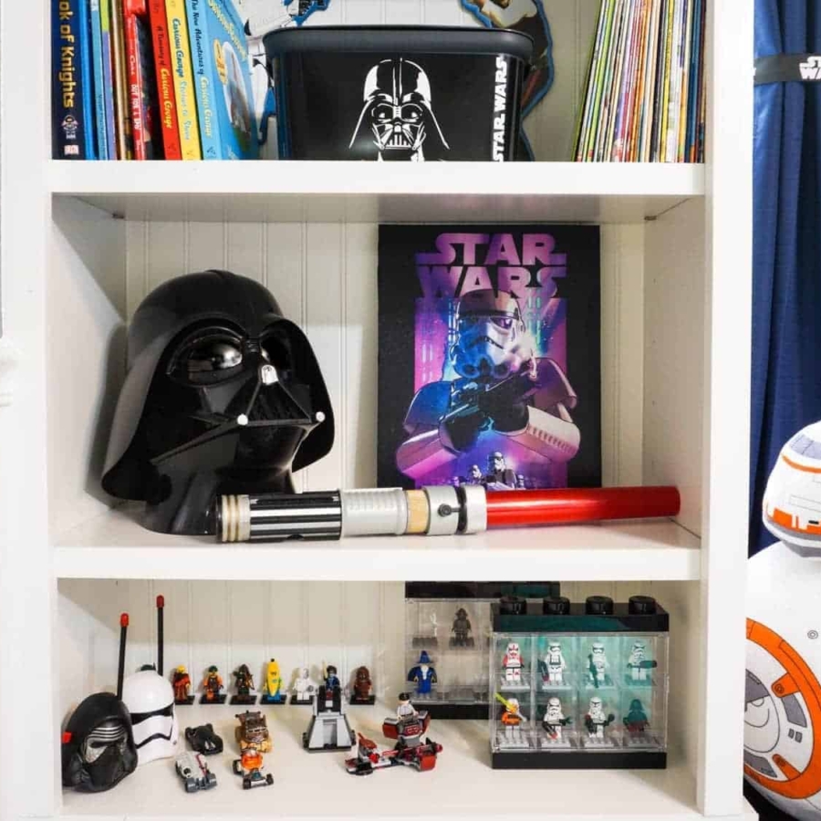 Bookshelf Decorated With Star Wars Toys, Decor and Canvas Art