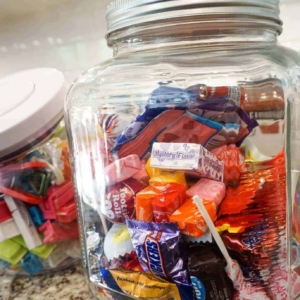 large glass jar with candy inside