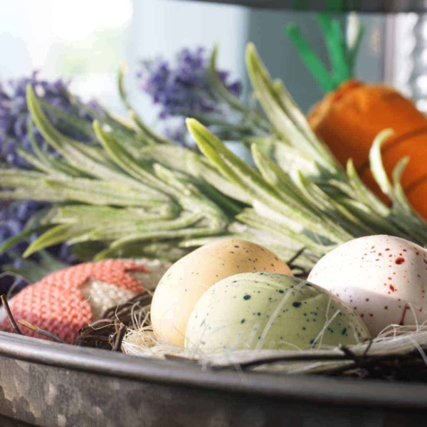 Dyed Eggs, Lavender and Carrot Spring Decor Piece on Tiered Tray