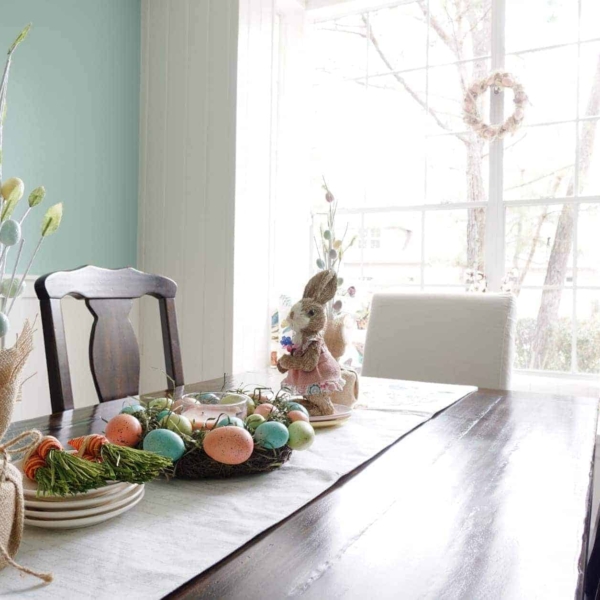 Colored Egg Centerpiece With Bunny and Egg Trees on Dining Table