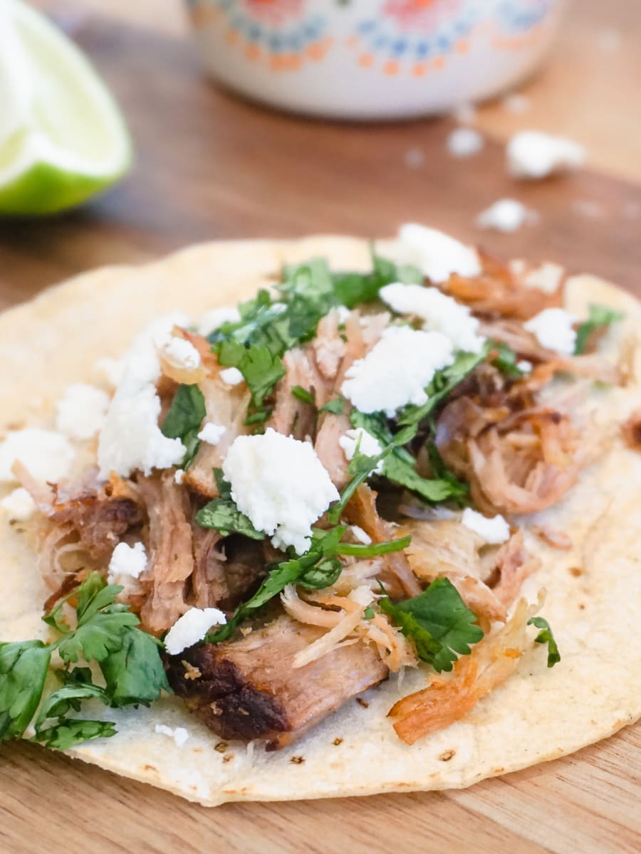 a corn tortilla topped with carnitas, crumbled cheese, and cilantro