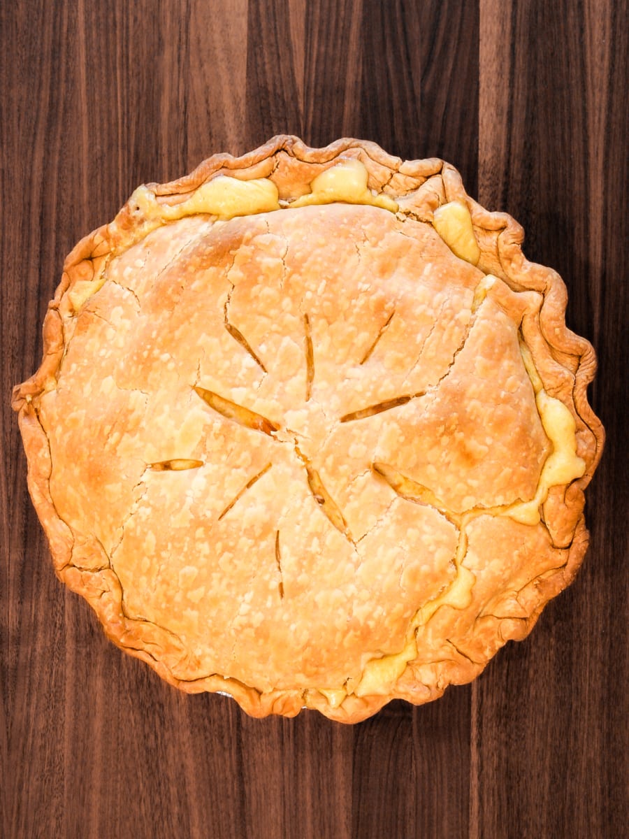 overhead shot of a homemade chicken pot pie