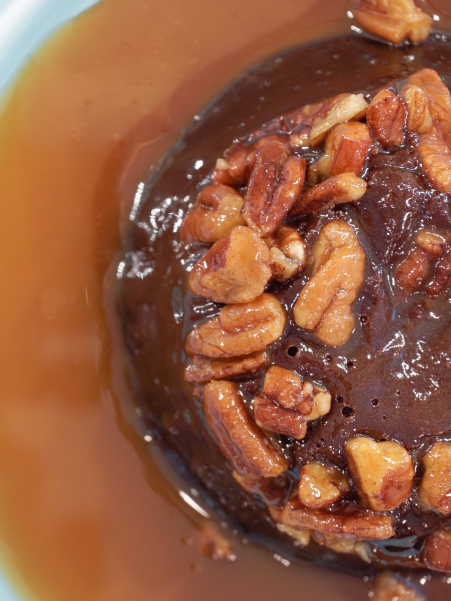 Lava cake smothered in caramel and pecans