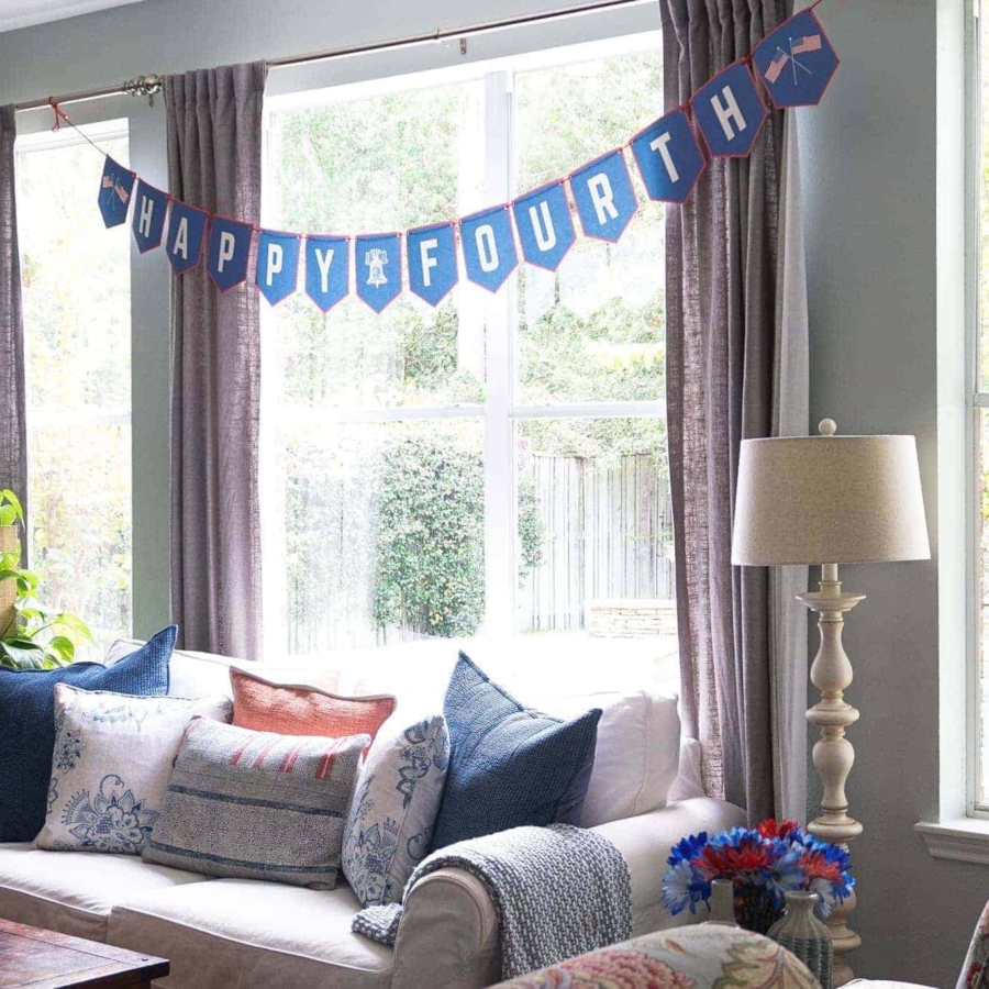 a printable patriotic banner over the living room 