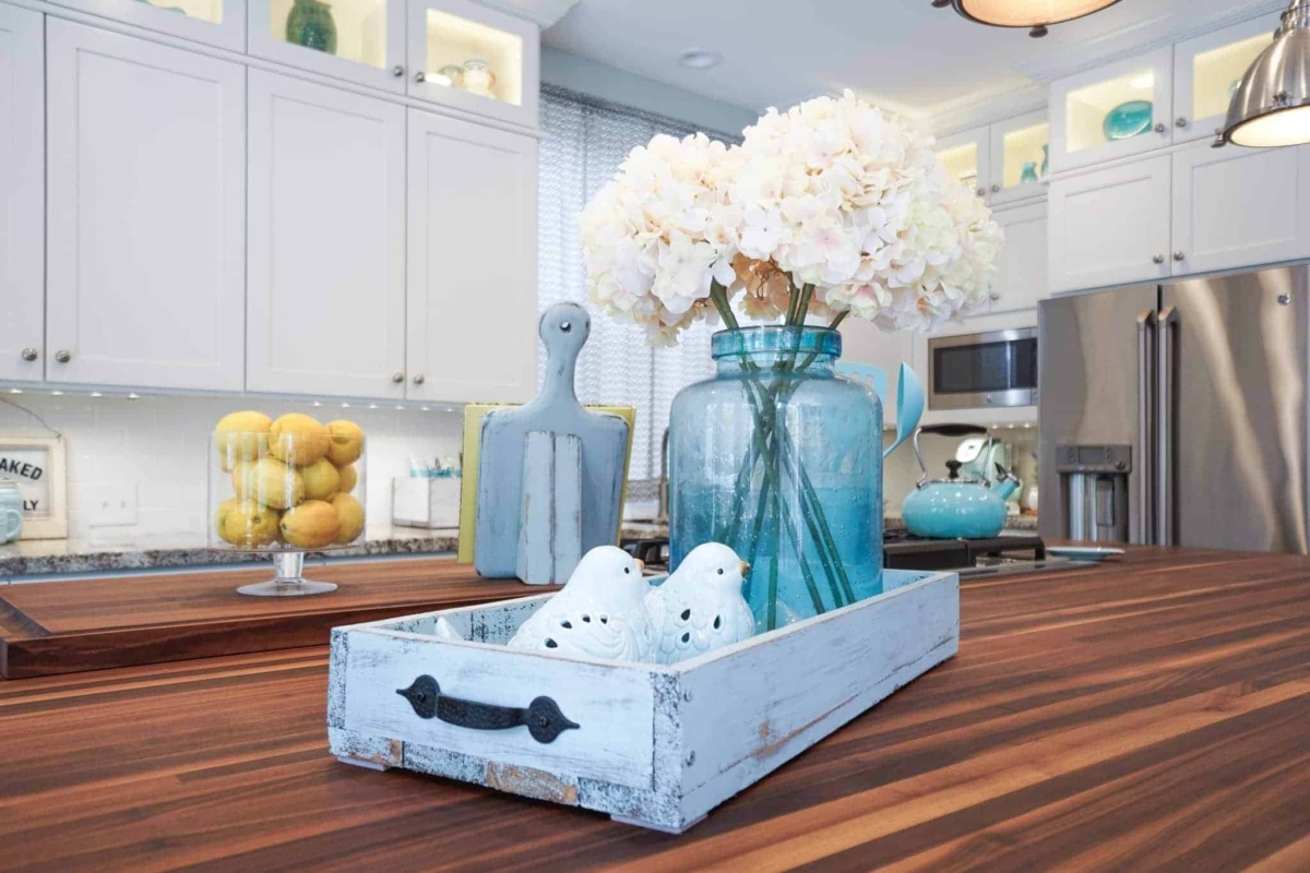 White is the perfect cabinet color choice for decorating with color in the kitchen.
