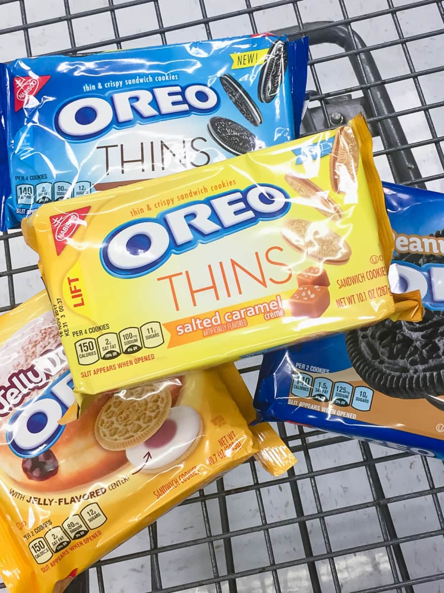 a variety of oreo flavors in a cart