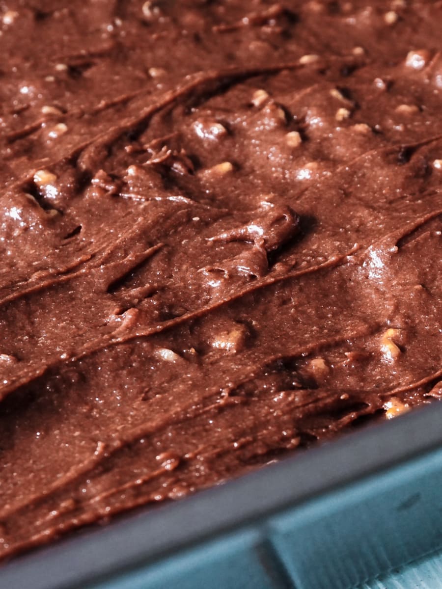 close up of a tray with brownies from scratch ready to be baked