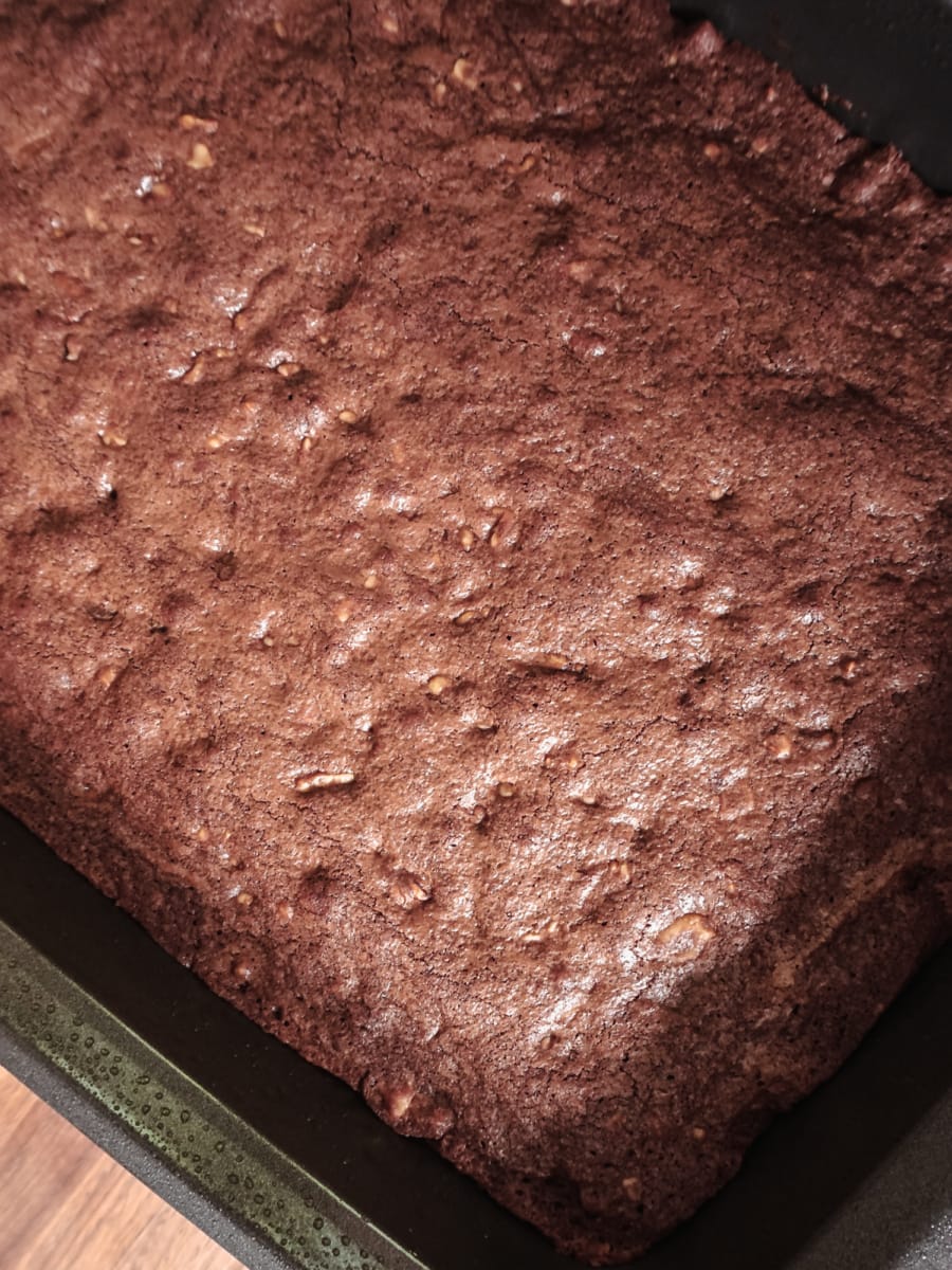 overhead shot of fudgy brownies from scratch