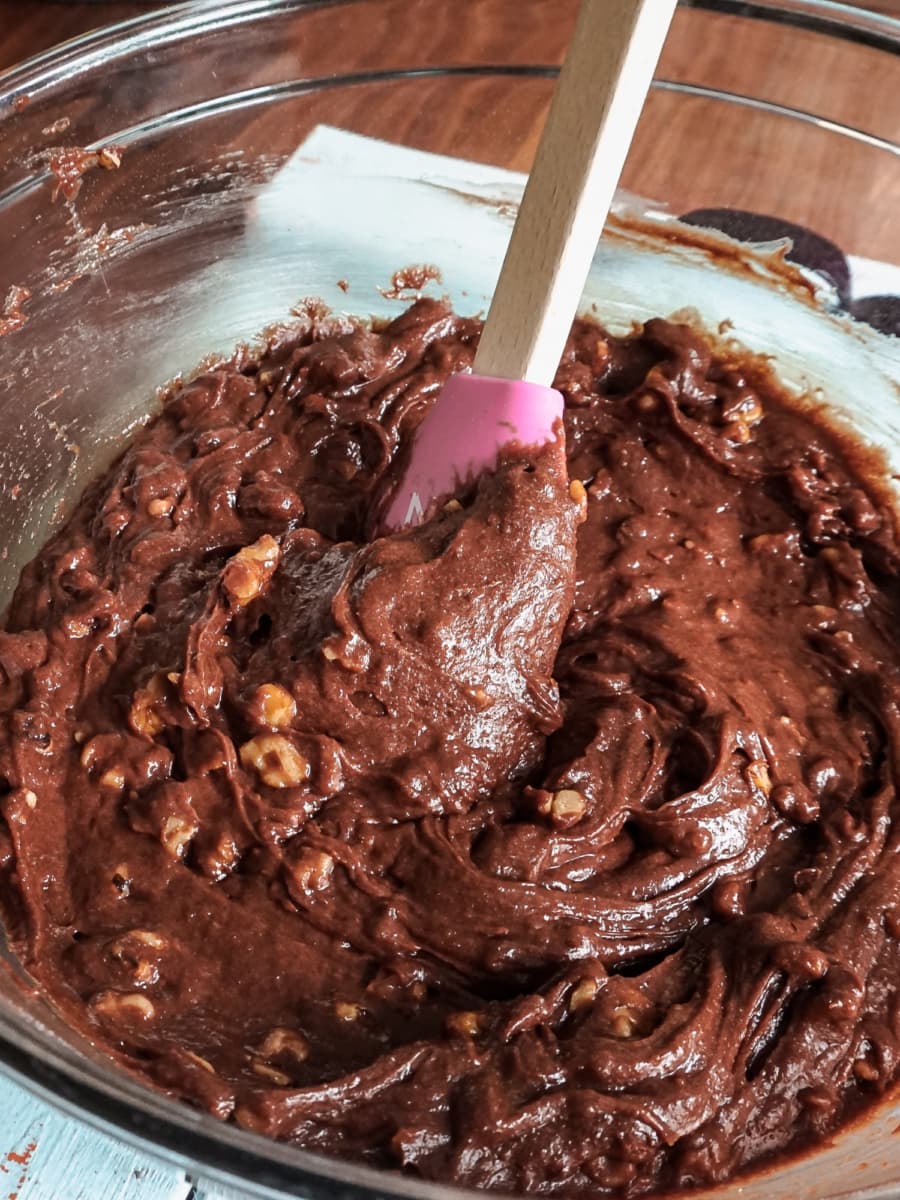 fully mixed brownies from scratch in a mixing bowl