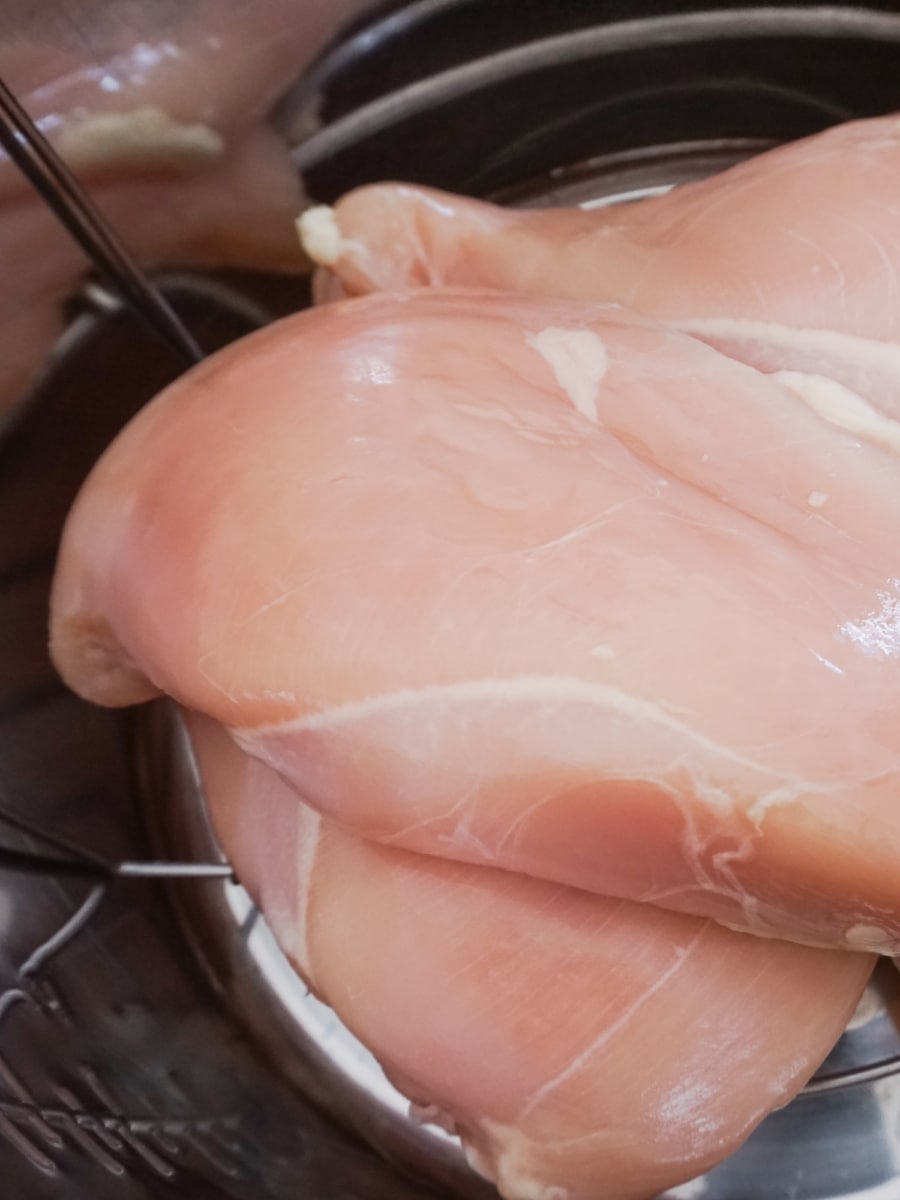 raw chicken breasts stacked on top of the trivet in the instant pot