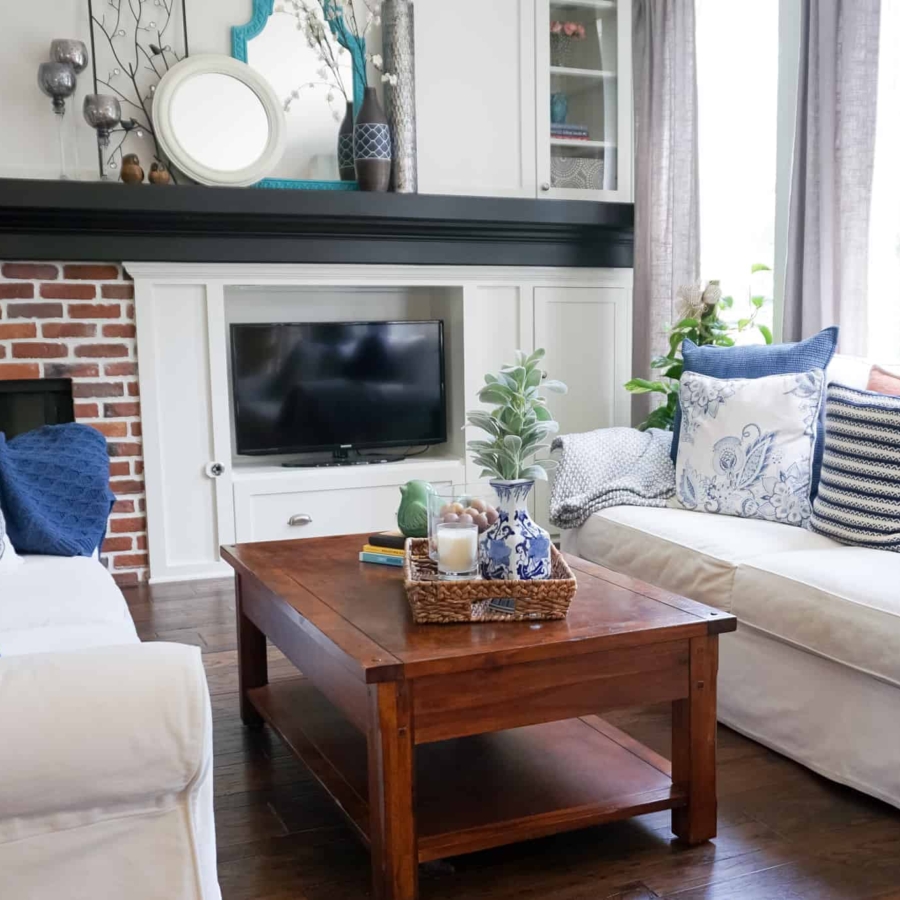 pottery barn slipcovered sofas in a living room