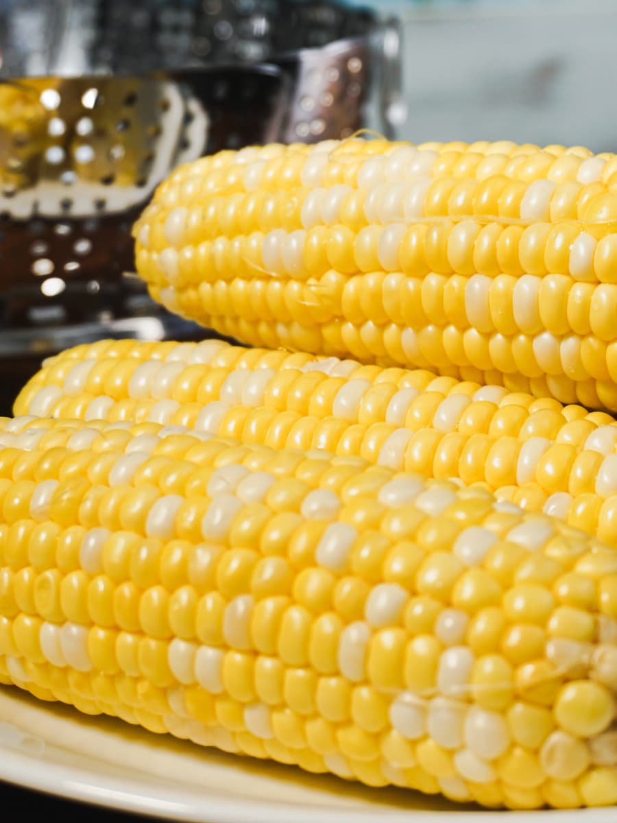 a group of corn on the cobs on a large plate