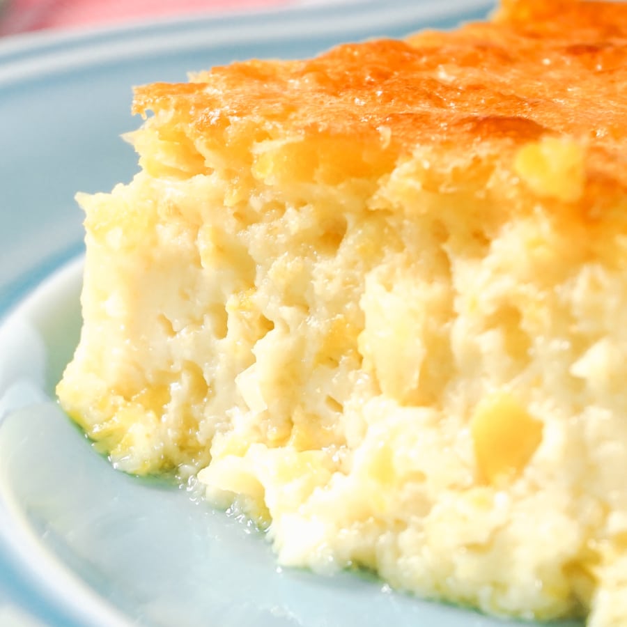 a slice of corn souffle on a plate