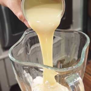 adding condensed milk to the blender