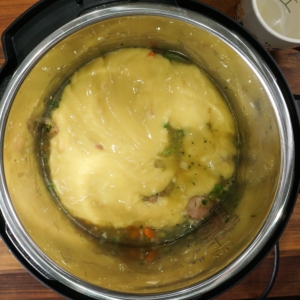 top view of chicken and dumplings in the instant pot