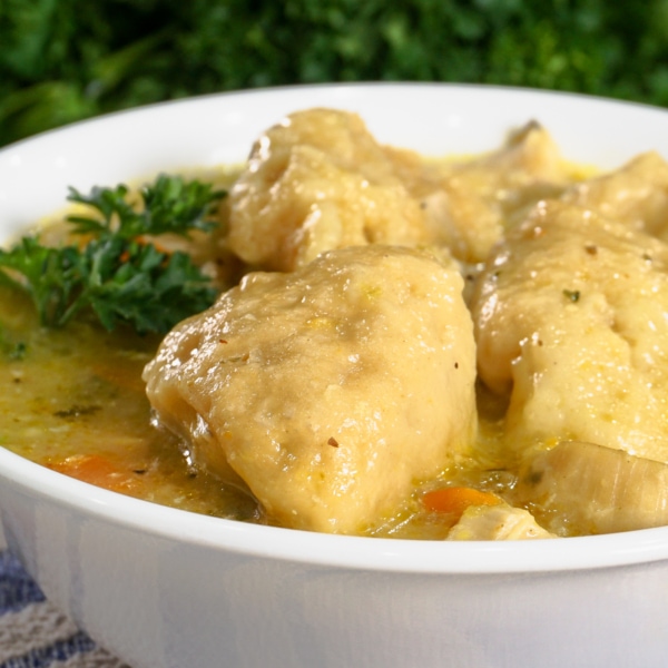 a bowl filled with a warm serving of chicken and dumplings