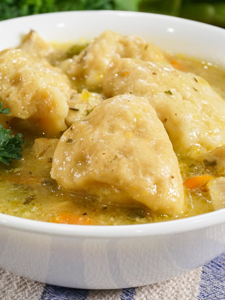 a bowl of old fashioned chicken and dumplings