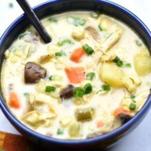 a bowl of corn chicken chowder