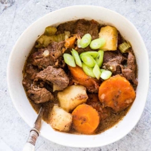 a serving of beef stew in a bowl