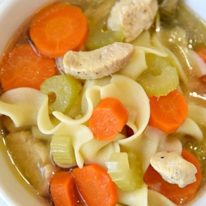 close up of chicken noodle soup