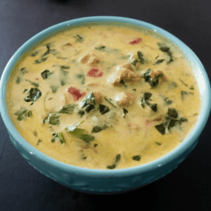 chicken curry soup served in a bowl