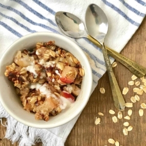 overhead shot of a bowl with apple crisp