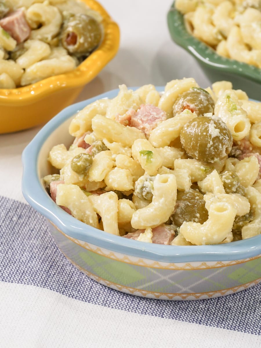 a serving of creamy macaroni salad in a bowl