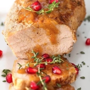 close up of a balsamic apple pork tenderloin