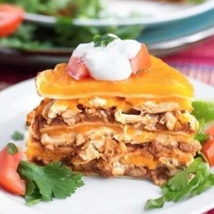 a plate of chicken taco pie garnished with cilantro