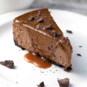 a slice of chocolate cheesecake topped with bits of chocolate