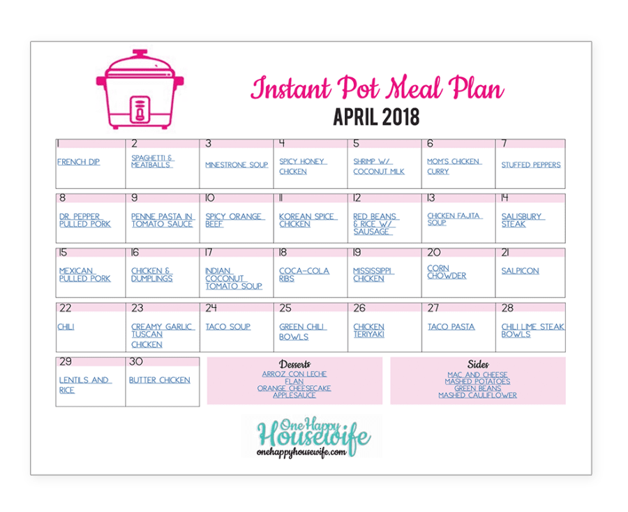 april instant pot meal plan calendar