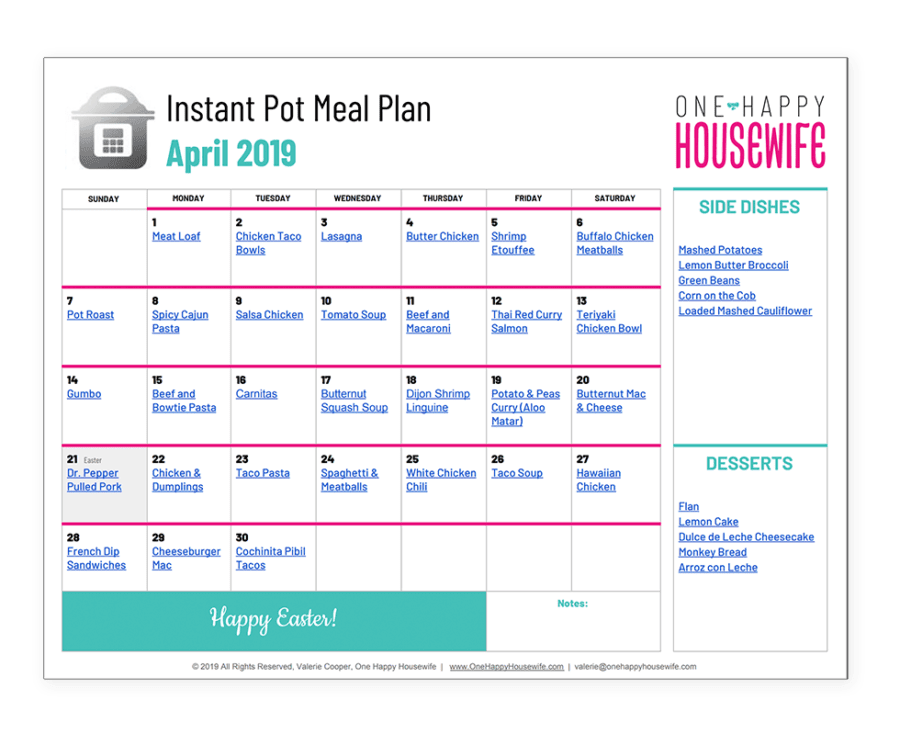 april instant pot meal plan calendar