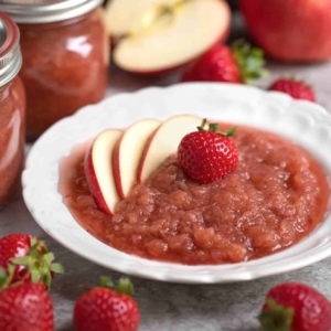 a bowl of strawberry applesauce topped with fresh apple slices and a strawberry next to mason jars filled with strawberry applesauce