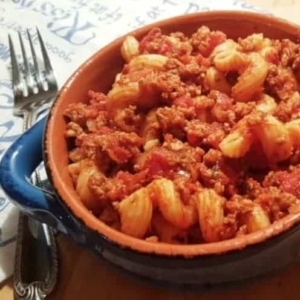 a small bowl of beef macaroni