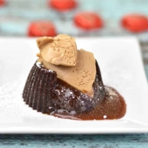 a salted caramel molten lava cake on a large plate