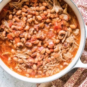 overhead shot of campfire stew in a large bowl