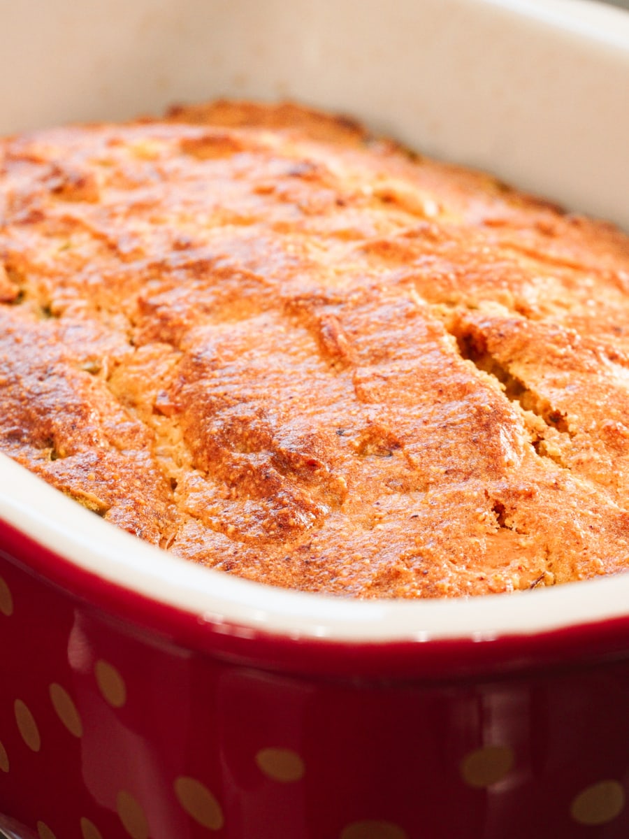 side view of cornbread in a baking dish