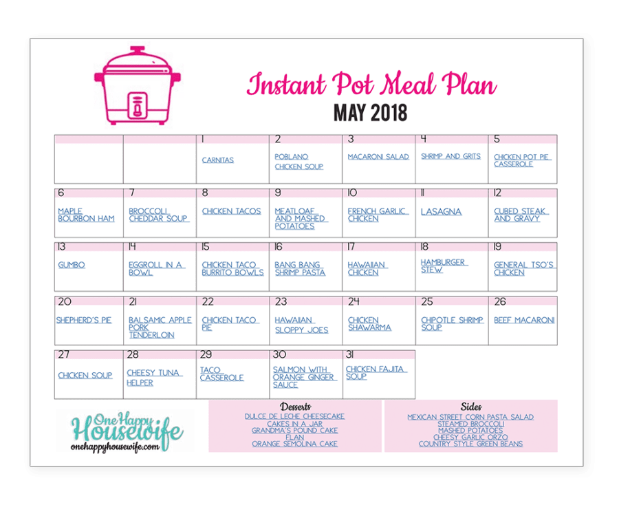 may instant pot meal plan calendar