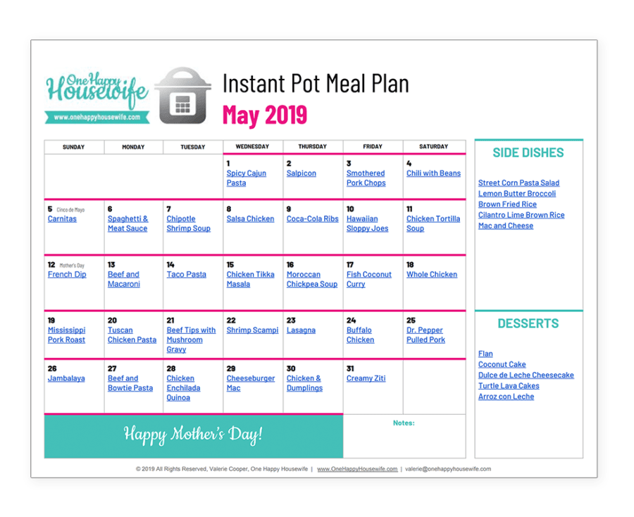 may instant pot meal plan calendar