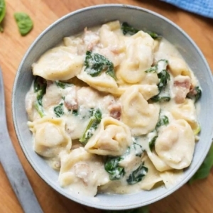 overhead shot of a bowl of creamy and homemade tortellini alfredo pasta